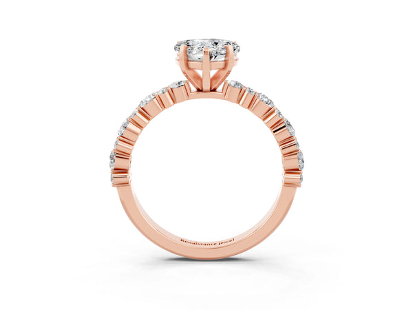 Rose gold Heart Cut Moissanite Side Stone Solitaire Ring with Round  and Four-Prong Setting