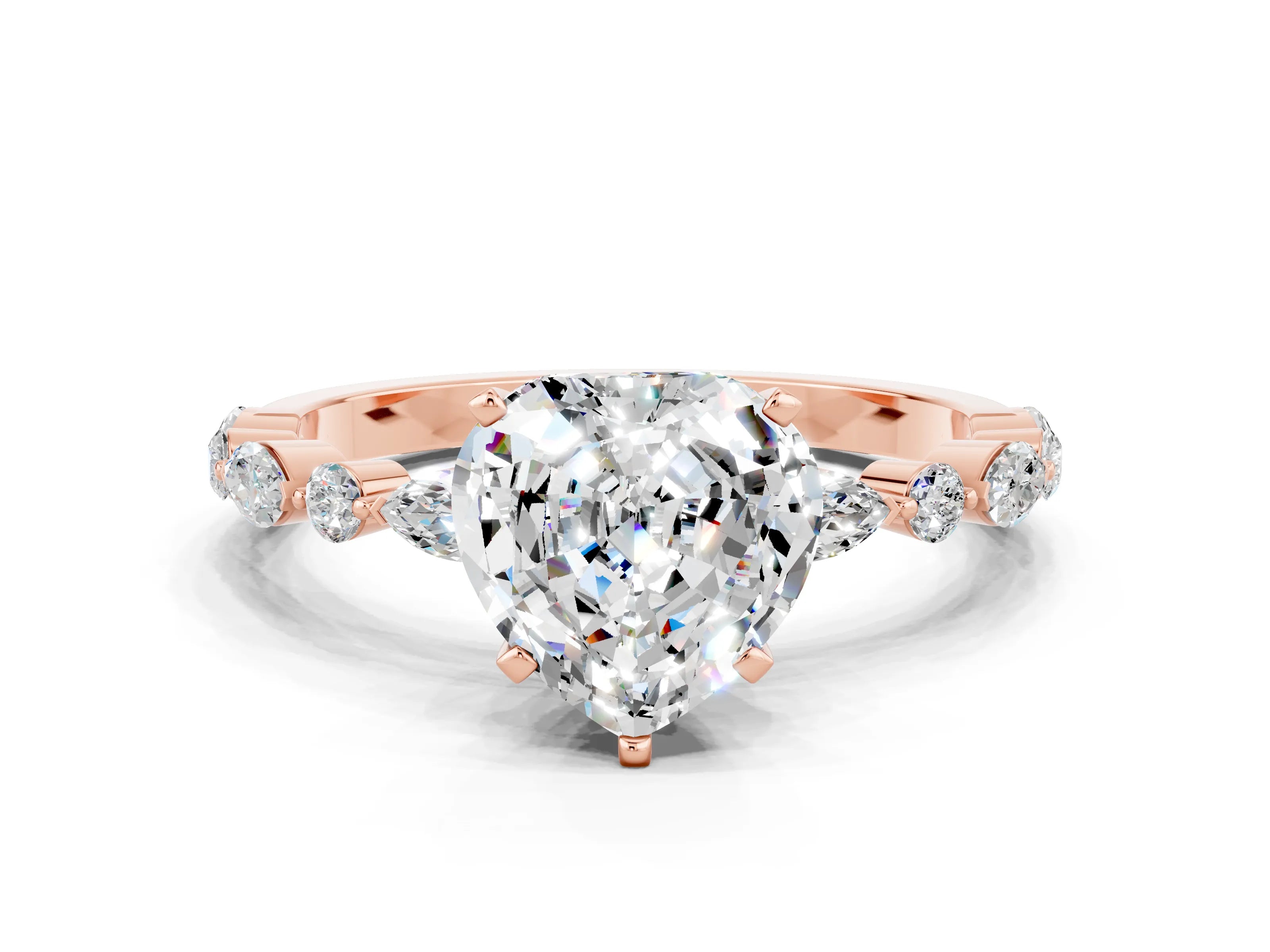 Rose gold Heart Cut Moissanite Solitaire with Side Stones on a Pavé Band and Four-Prong Setting