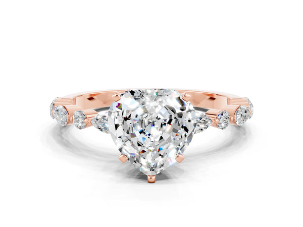 Rose gold Heart Cut Moissanite Ring with Marquise and Round  Side Stones and Four-Prong Setting