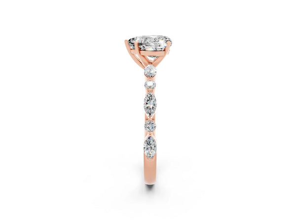 Rose gold Heart Cut Moissanite Ring with Marquise and Round  Side Stones and Four-Prong Setting