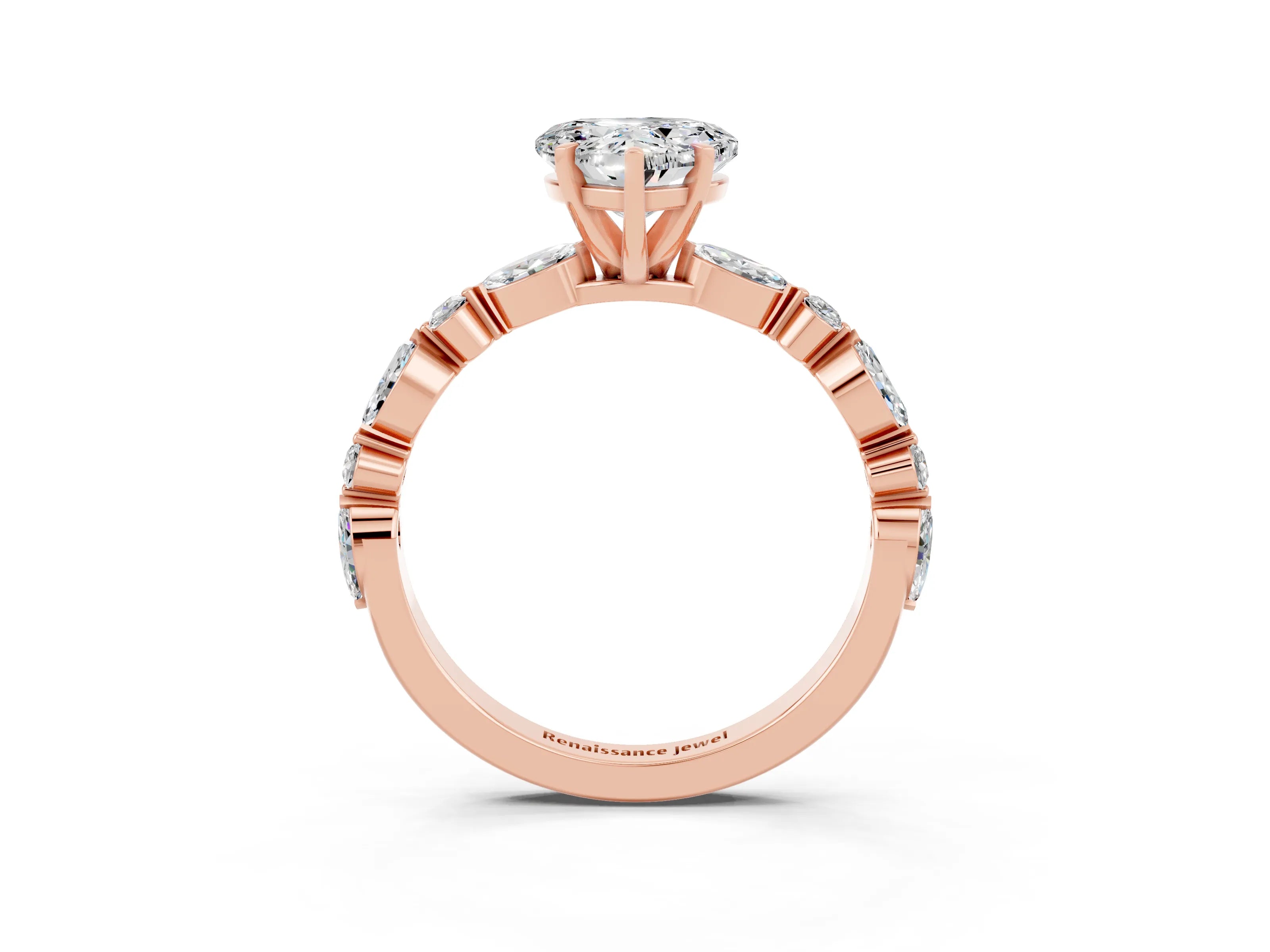 Rose gold Heart Cut Moissanite Solitaire with Side Stones on a Pavé Band and Four-Prong Setting_3