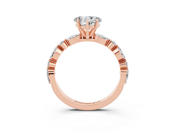Rose gold Heart Cut Moissanite Ring with Marquise and Round  Side Stones and Four-Prong Setting
