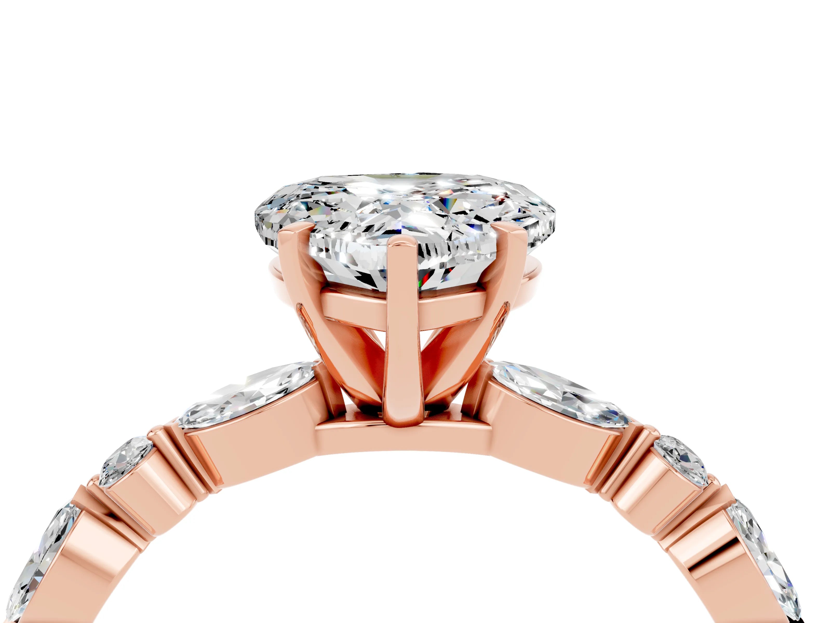 Rose gold Heart Cut Moissanite Solitaire with Side Stones on a Pavé Band and Four-Prong Setting_4