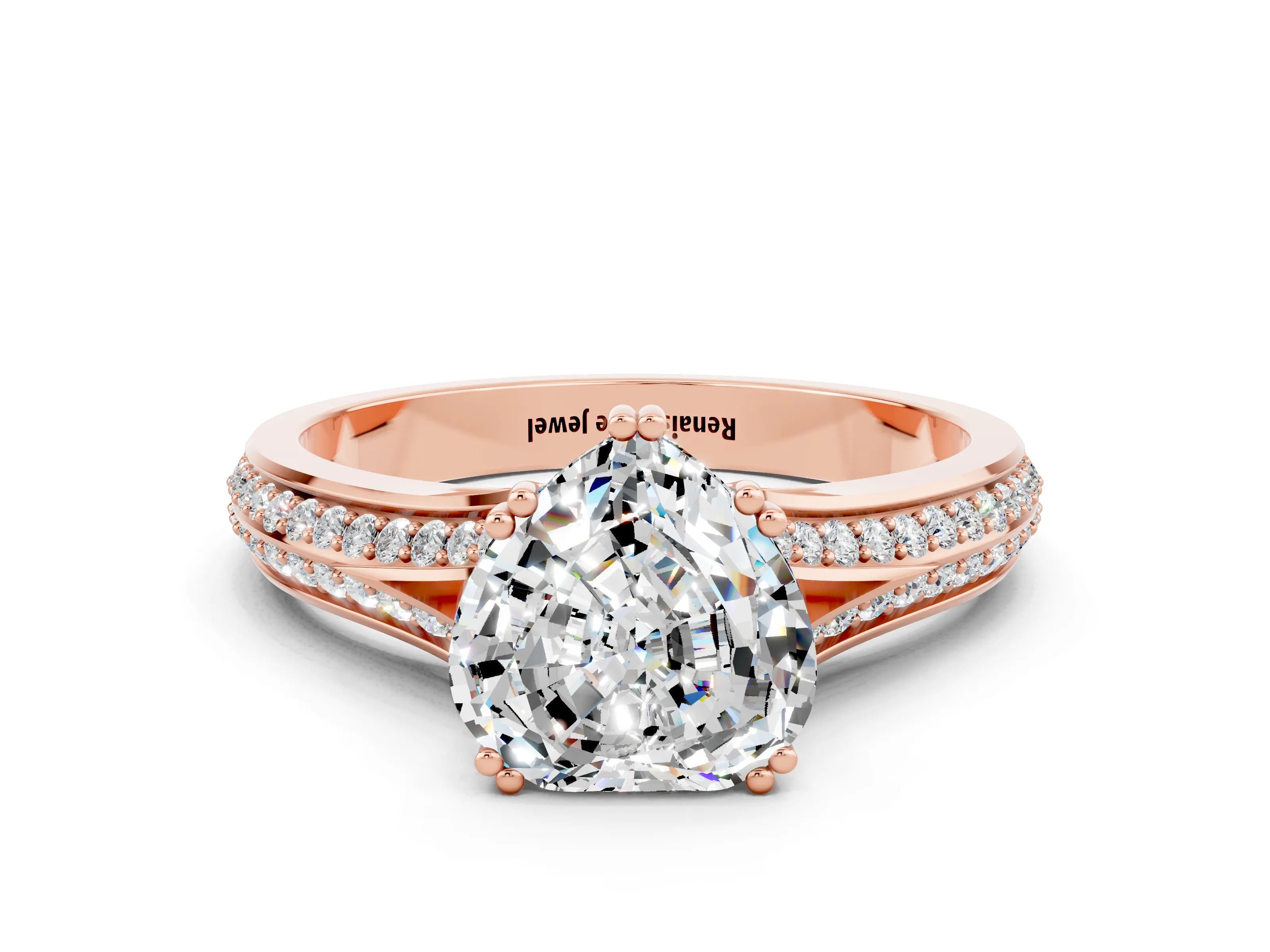 Rose gold Heart Cut Moissanite Split Shank Engagement Ring with Pavé Band