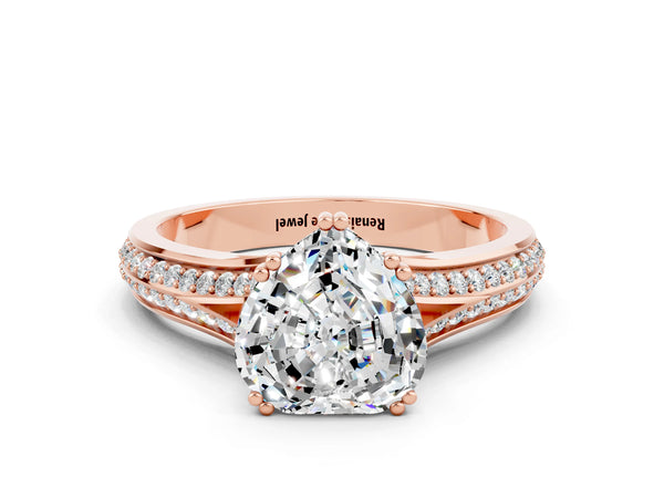 Rose gold Heart Cut Moissanite Split Shank Engagement Ring with Pavé Band