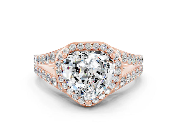 Rose gold Heart Cut Moissanite Split Shank Halo Ring with Four-Prong Setting