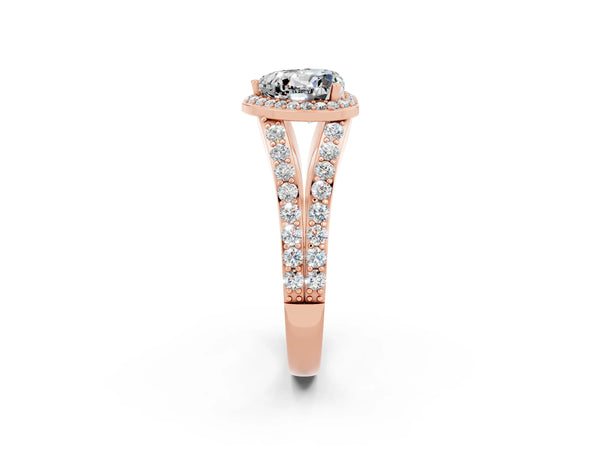 Rose gold Heart Cut Moissanite Split Shank Halo Ring with Four-Prong Setting
