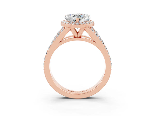 Rose gold Heart Cut Moissanite Split Shank Halo Ring with Four-Prong Setting