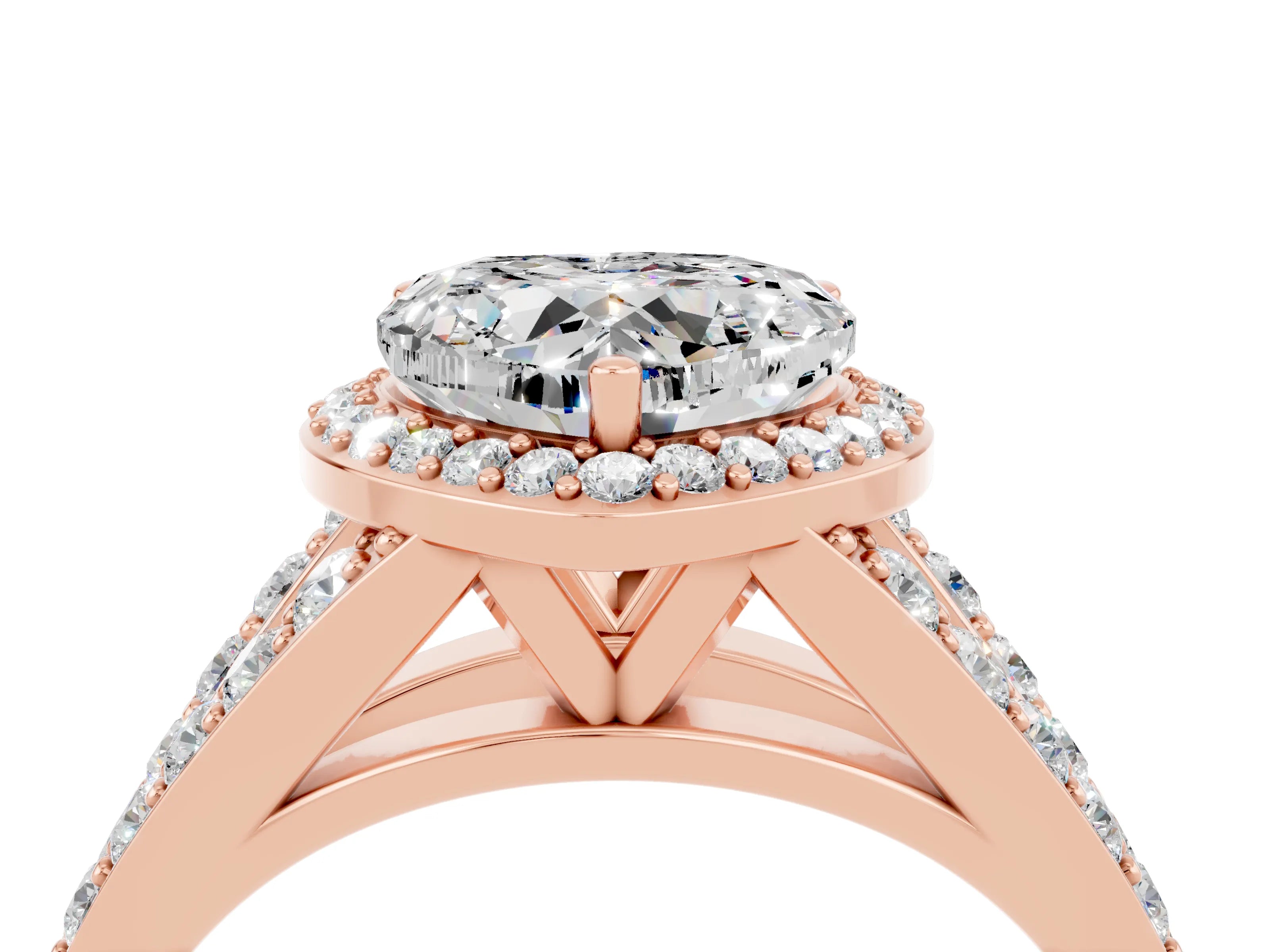 Rose gold Heart Cut Moissanite Split Shank Halo Ring with Four-Prong Setting_16