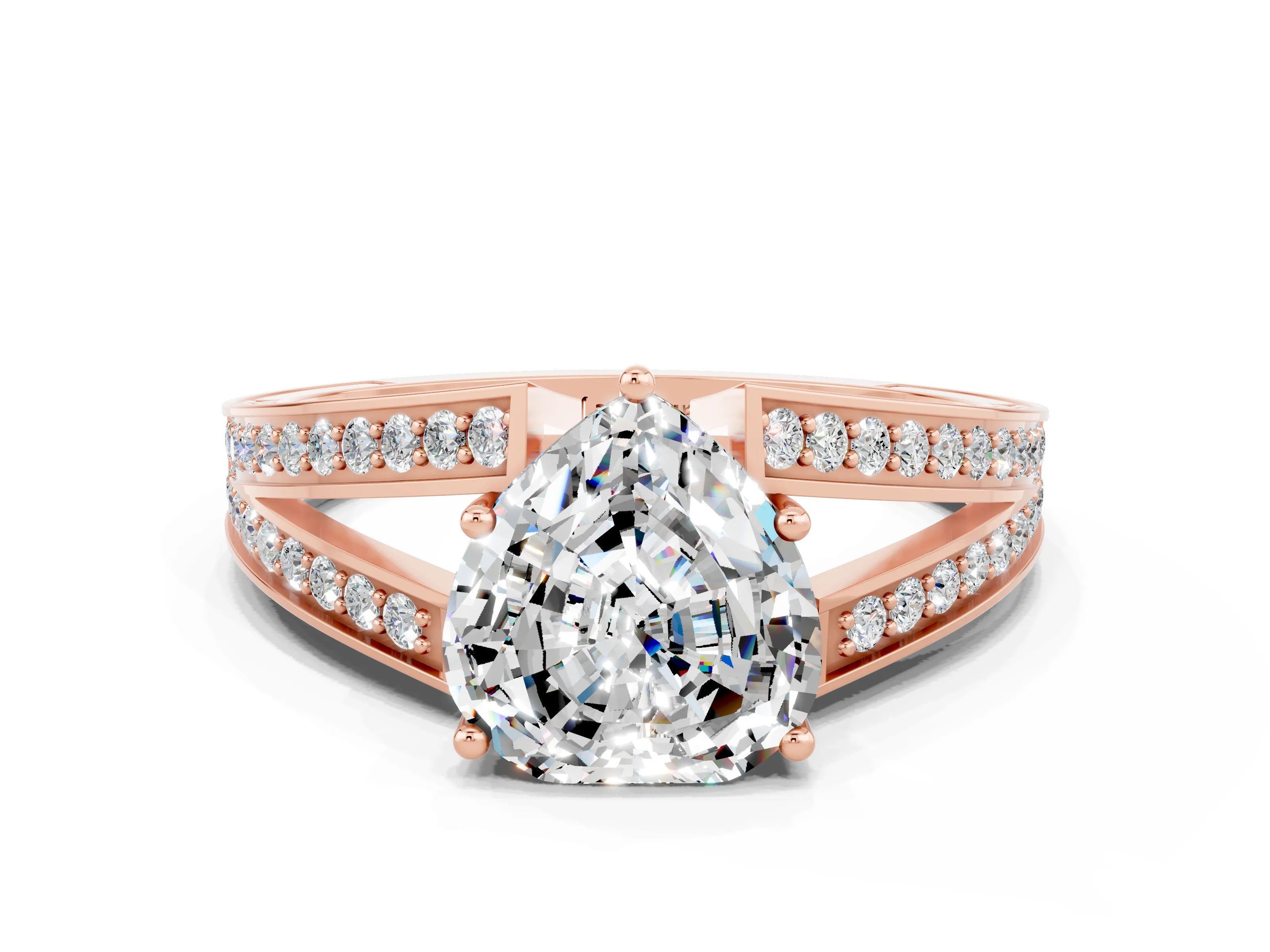 Rose gold Heart Cut Moissanite Split Shank Ring with Pavé Band and Four-Prong Setting