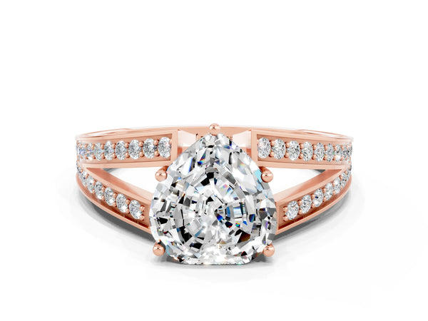 Rose gold Heart Cut Moissanite Split Shank Ring with Pavé Band and Four-Prong Setting