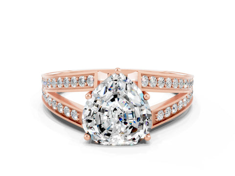Rose gold Heart Cut Moissanite Split Shank Ring with Pavé Band and Four-Prong Setting