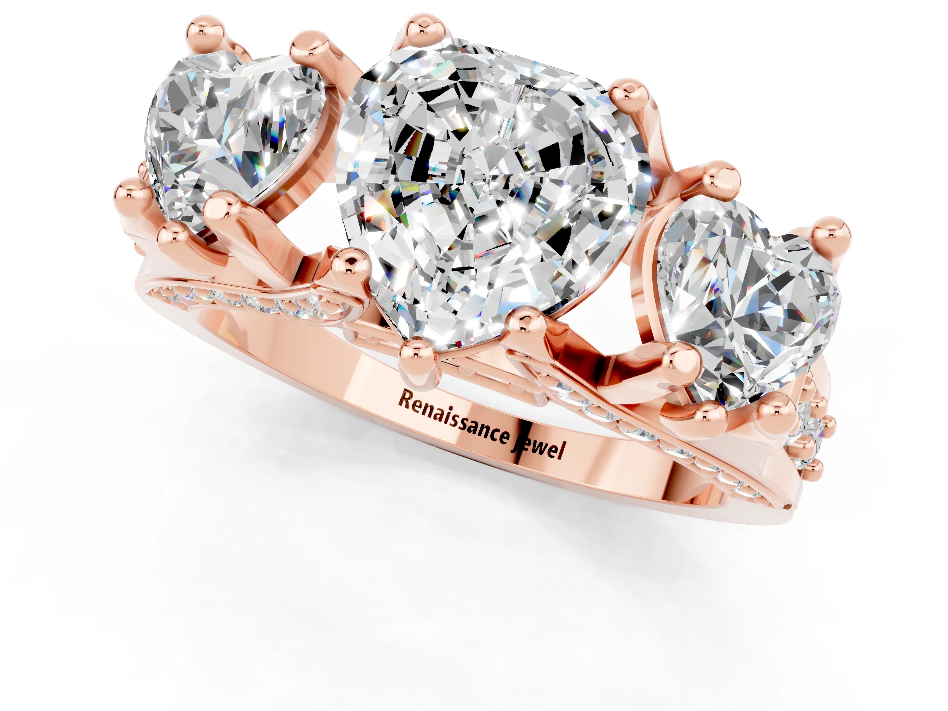 Rose gold Heart Cut Moissanite Three-Stone Ring with Channel Set Band and Four-Prong Setting_1