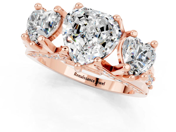 Rose gold Heart Cut Moissanite Three-Stone Ring with Channel Set Band and Four-Prong Setting