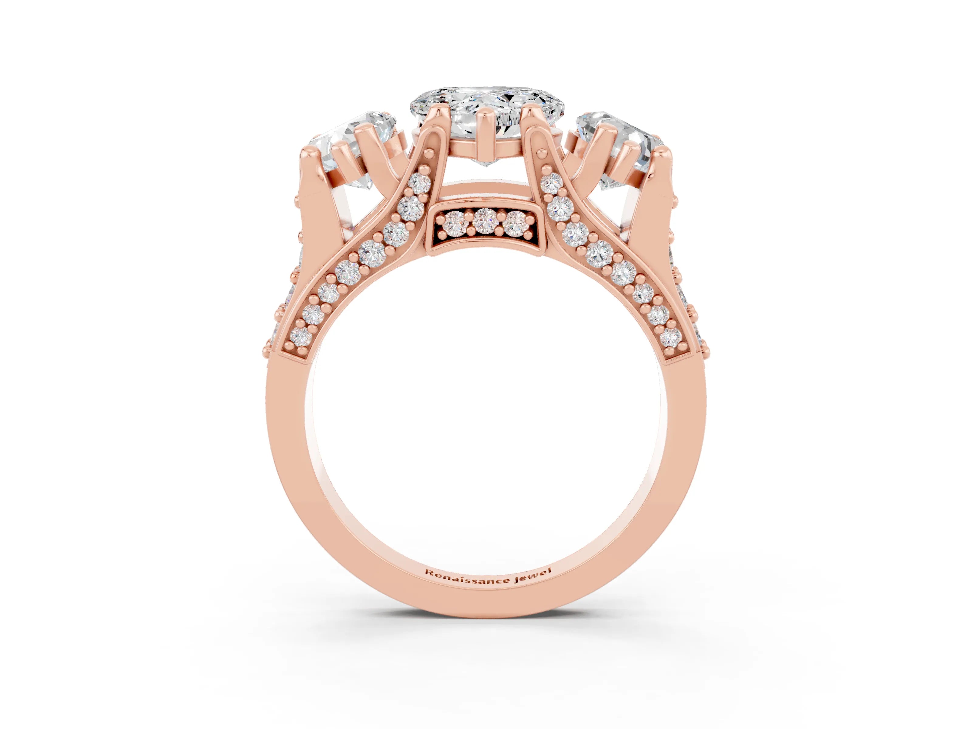 Rose gold Heart Cut Moissanite Three-Stone Ring with Channel Set Band and Four-Prong Setting_3
