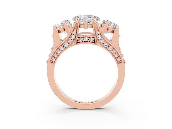 Rose gold Heart Cut Moissanite Three-Stone Ring with Channel Set Band and Four-Prong Setting