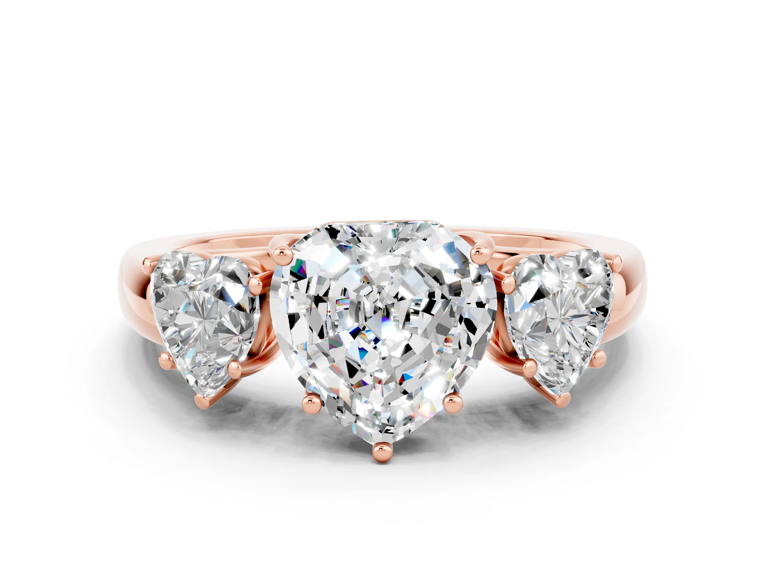 Rose gold Heart Cut Moissanite Three-Stone Ring with Four-Prong Setting and Classic Band