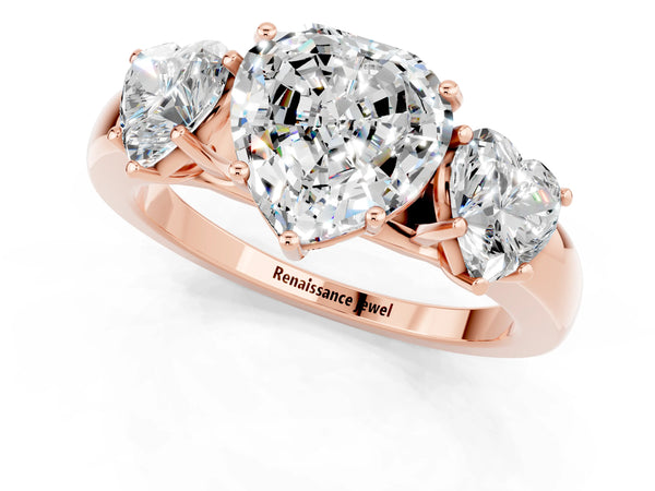 Rose gold Heart Cut Moissanite Three-Stone Ring with Four-Prong Setting and Classic Band