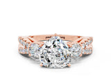 Rose gold Heart Cut Moissanite Three-Stone Ring with Pavé Split Shank and Four-Prong Setting
