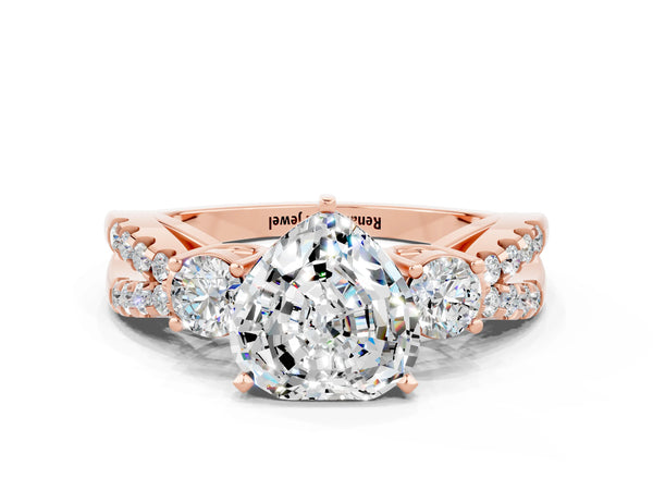 Rose gold Heart Cut Moissanite Three-Stone Ring with Pavé Split Shank and Four-Prong Setting
