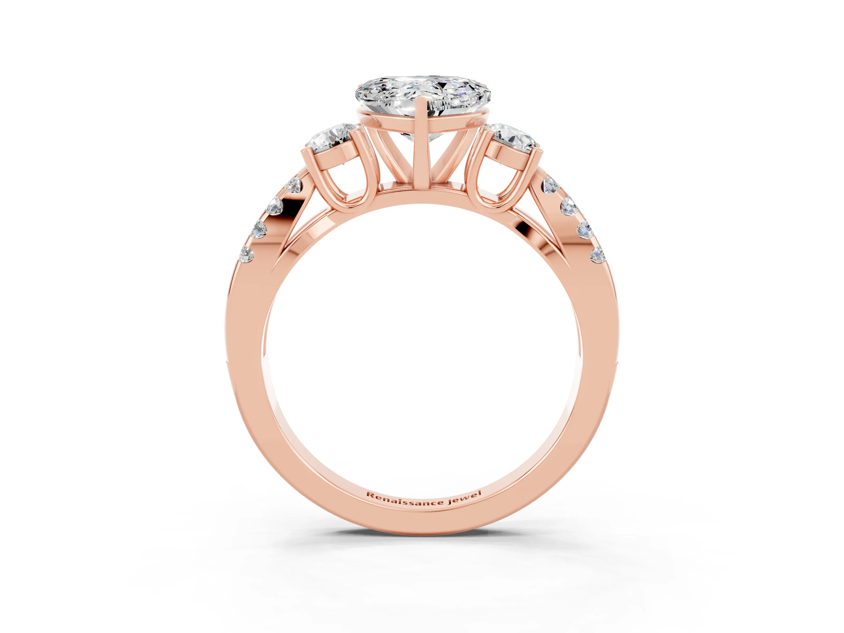 Rose gold Heart Cut Moissanite Three-Stone Ring with Pavé Split Shank and Four-Prong Setting_3