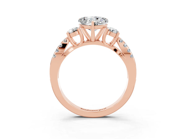 Rose gold Heart Cut Moissanite Three-Stone Ring with Pavé Split Shank and Four-Prong Setting