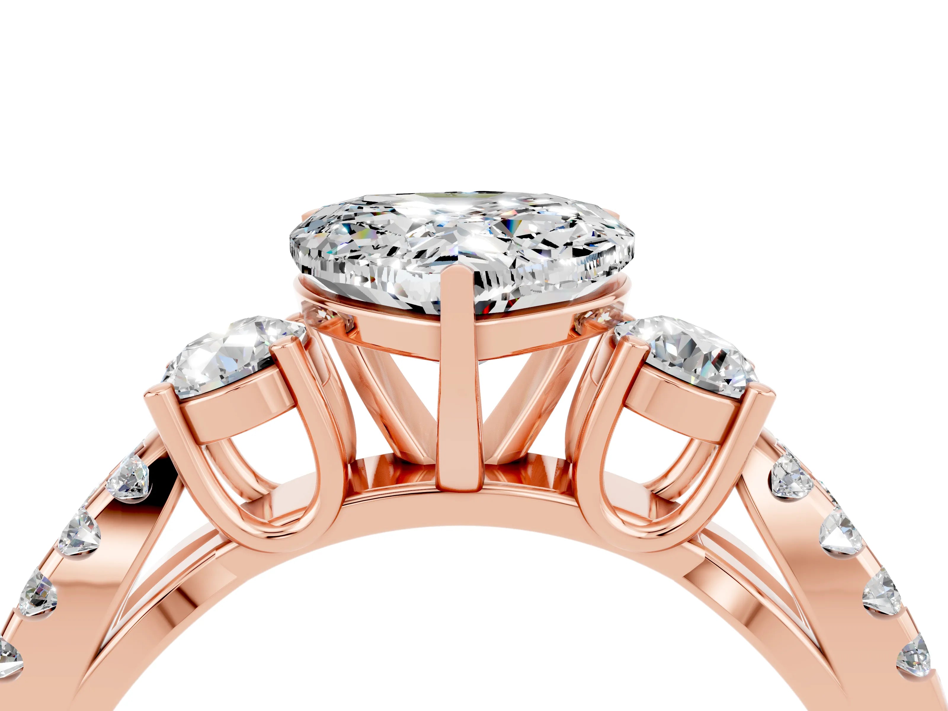 Rose gold Heart Cut Moissanite Three-Stone Ring with Pavé Split Shank and Four-Prong Setting_4