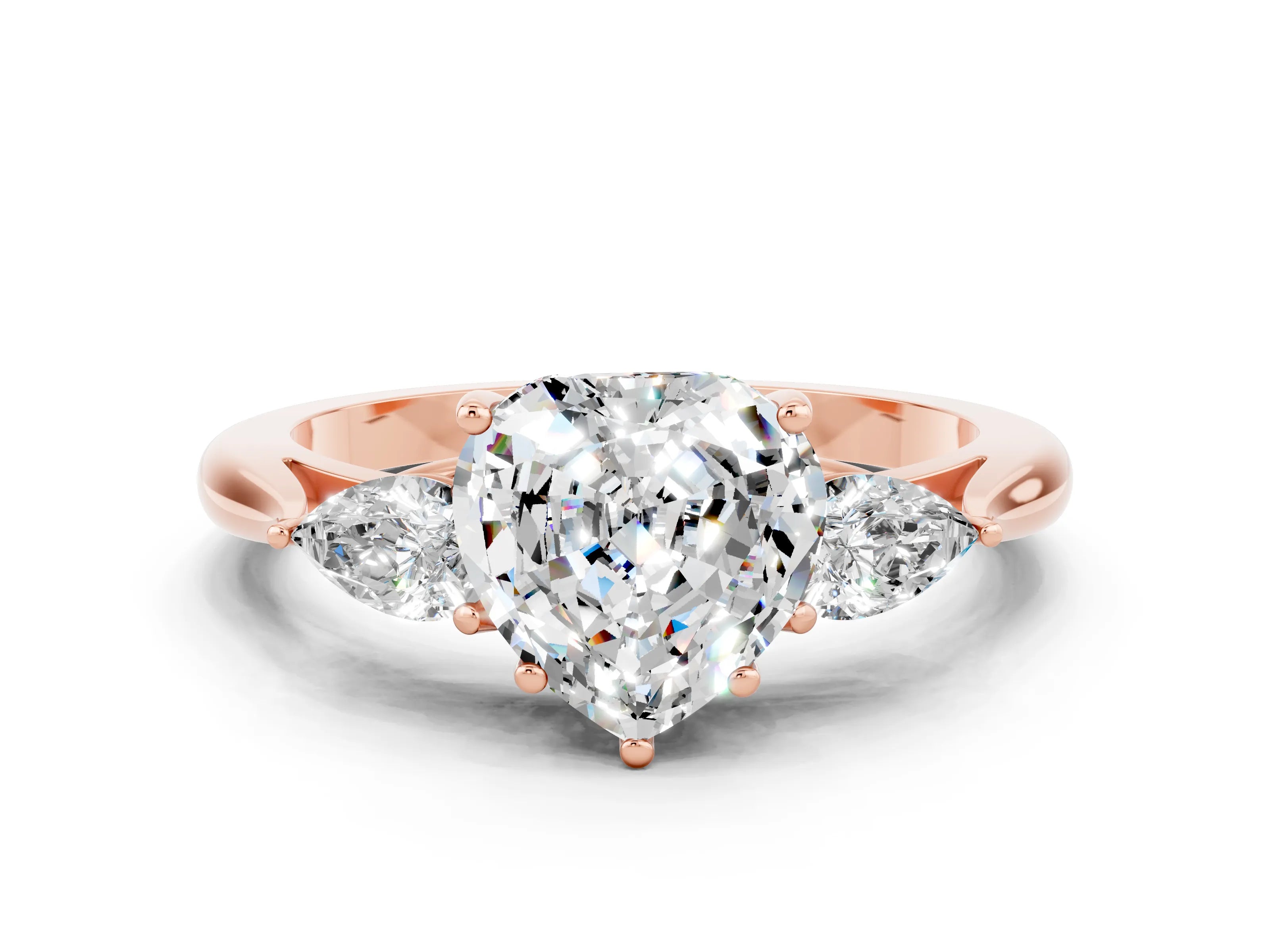 Rose gold Heart Cut Moissanite Three-Stone Ring with Pear Side Stones and Four-Prong Setting_12