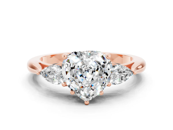 Rose gold Heart Cut Moissanite Three-Stone Ring with Pear  Side Stones and Prong Setting