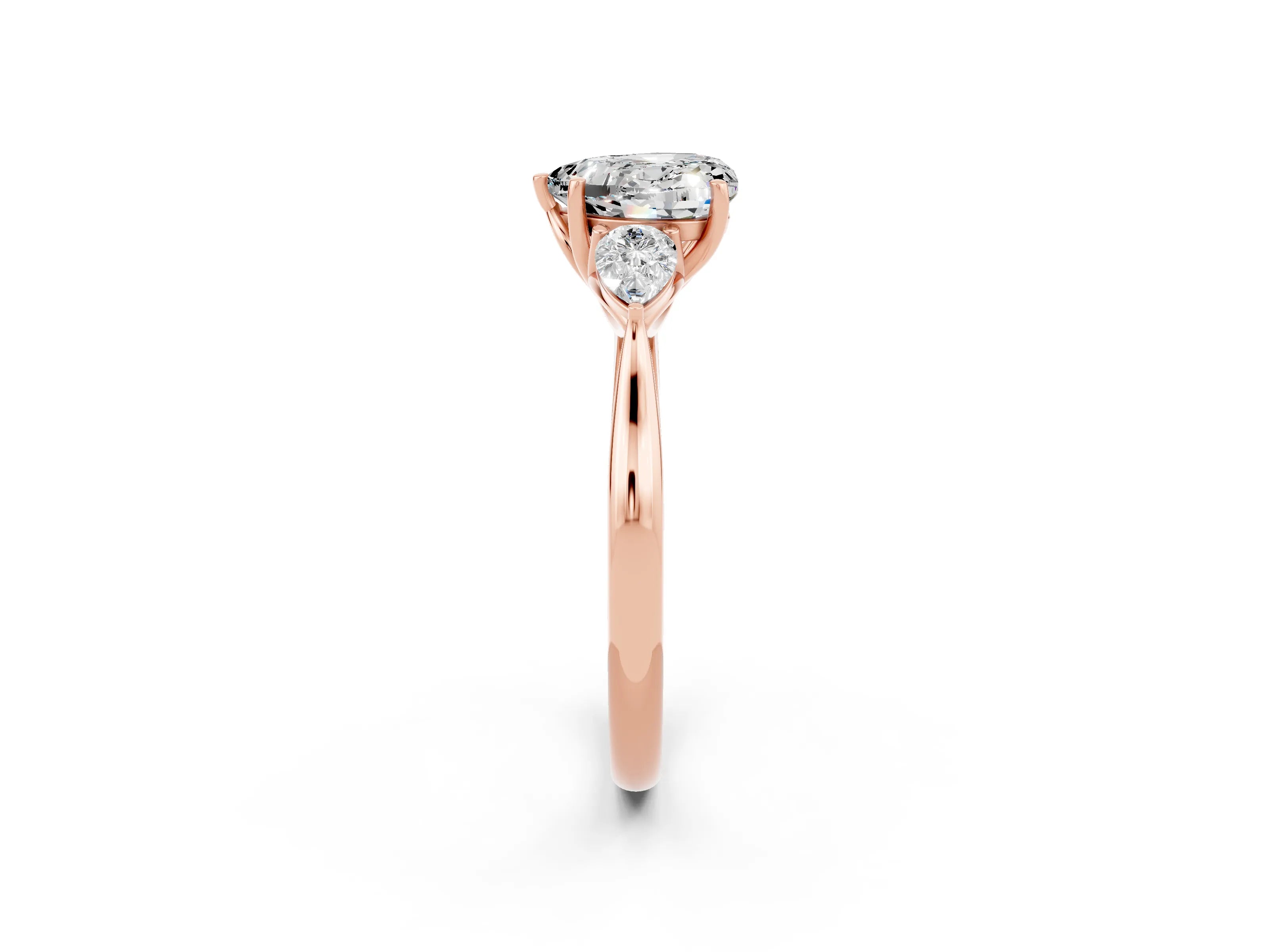 Rose gold Heart Cut Moissanite Three-Stone Ring with Pear Side Stones and Four-Prong Setting_14