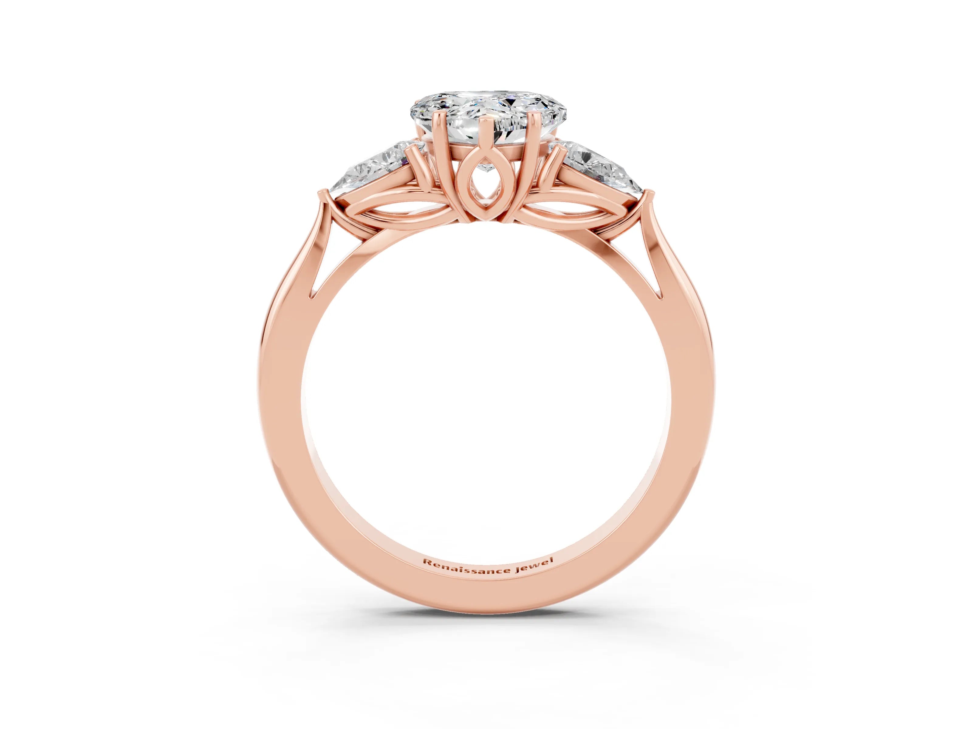 Rose gold Heart Cut Moissanite Three-Stone Ring with Pear Side Stones and Four-Prong Setting_15