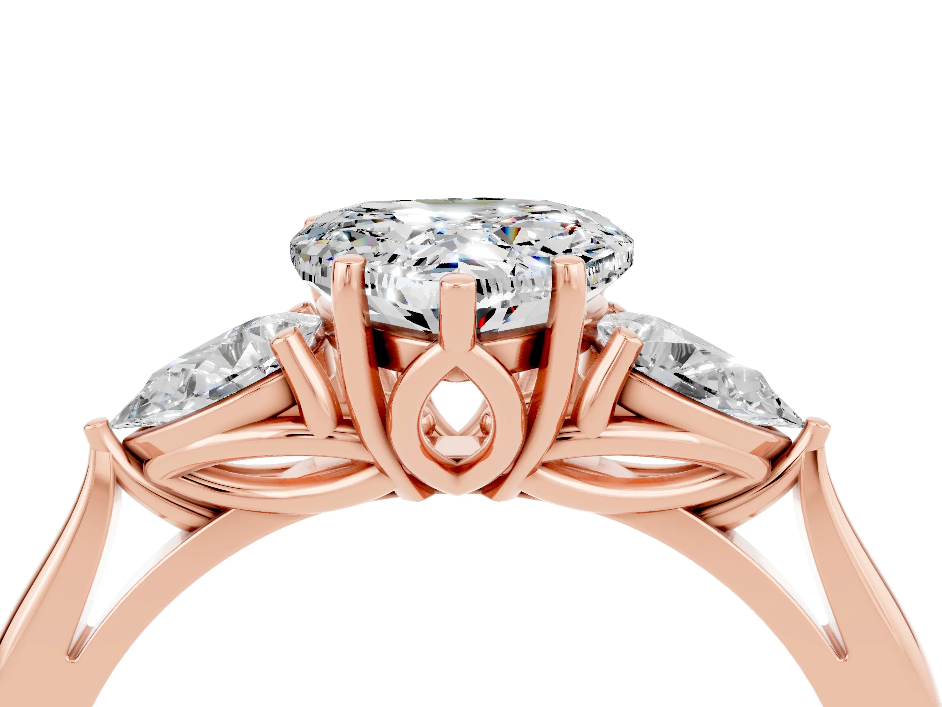 Rose gold Heart Cut Moissanite Three-Stone Ring with Pear Side Stones and Four-Prong Setting_16