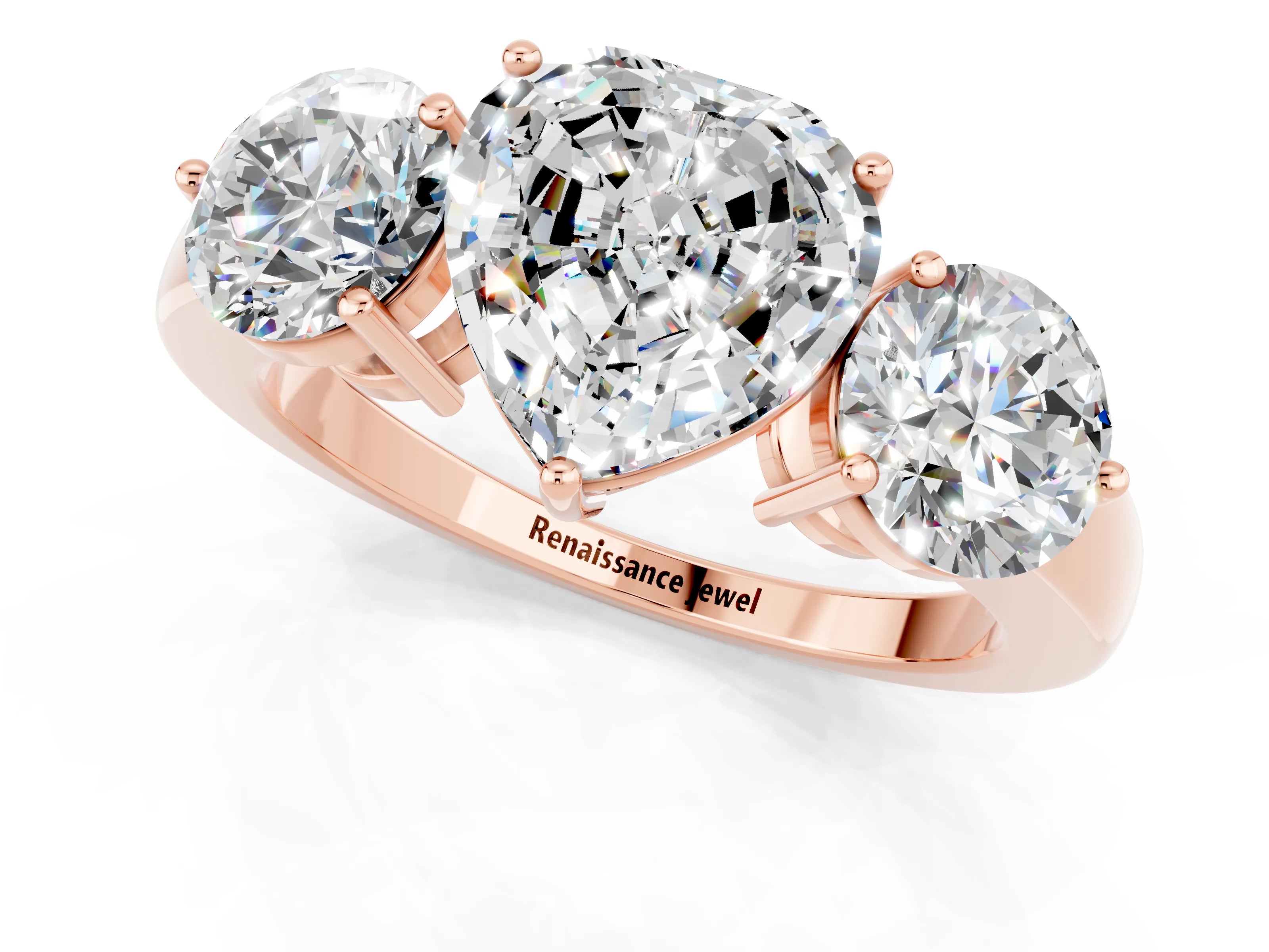 Rose gold Heart Cut Moissanite Three-Stone Ring with Prong Setting and Classic Band_1