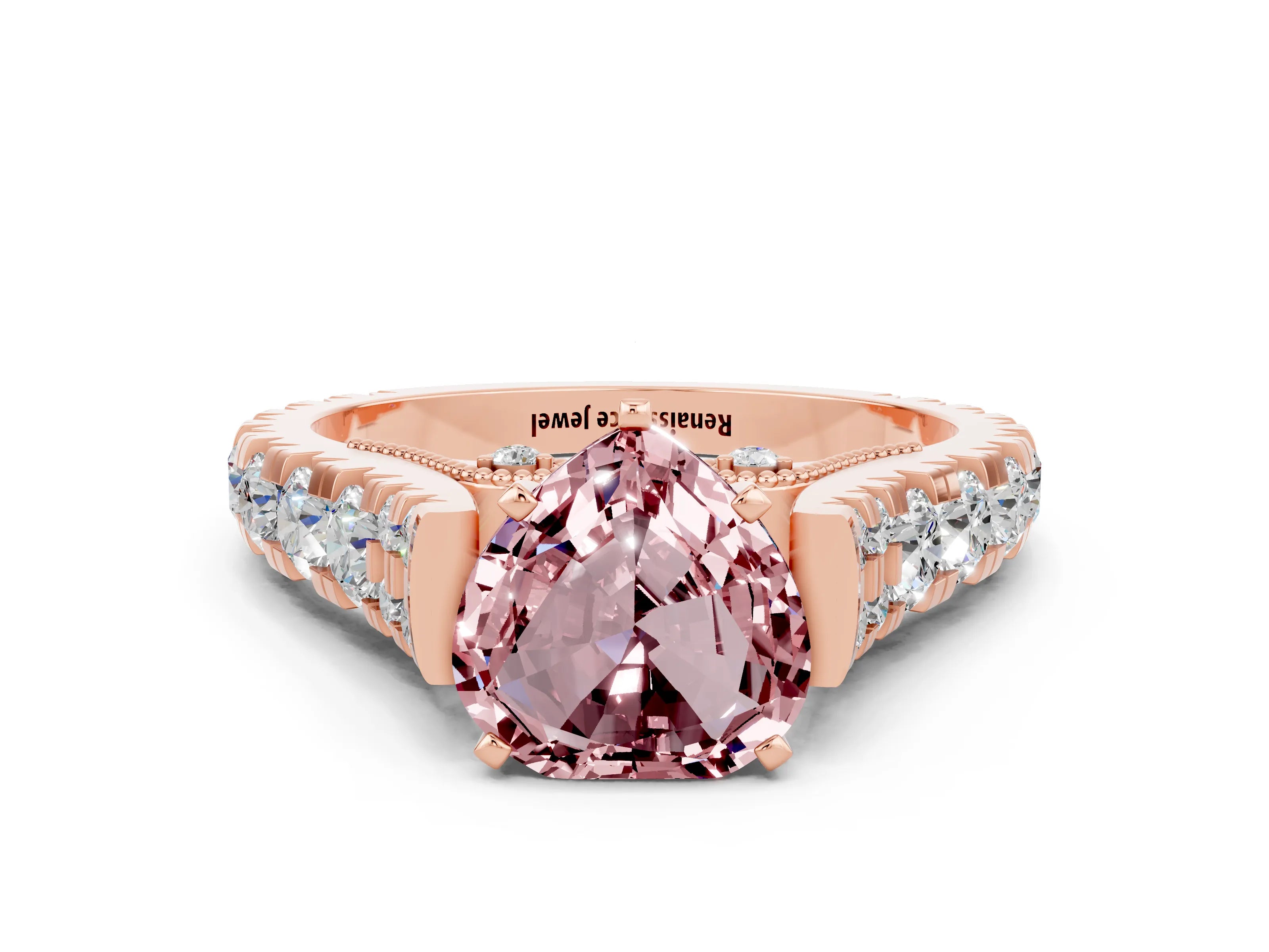 Rose gold Heart Cut Morganite Classic Solitaire Ring with Pavé Band and Four-Prong Setting
