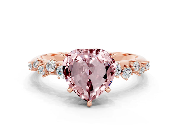Rose gold Heart Cut Morganite Cluster Side Stone Solitaire Ring with Prong Setting