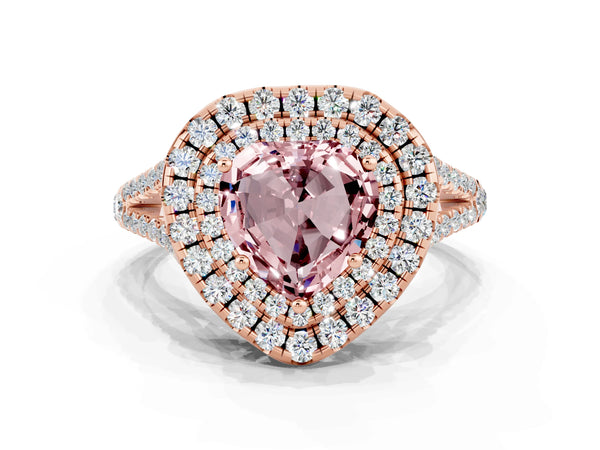 Rose gold Heart Cut Morganite Double Halo Ring with Pavé Band and Prong Setting