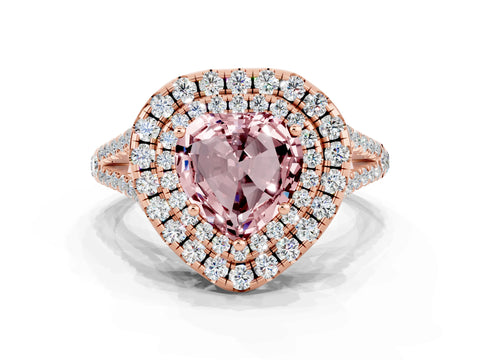 Rose gold Heart Cut Morganite Double Halo Ring with Pavé Band and Prong Setting_12