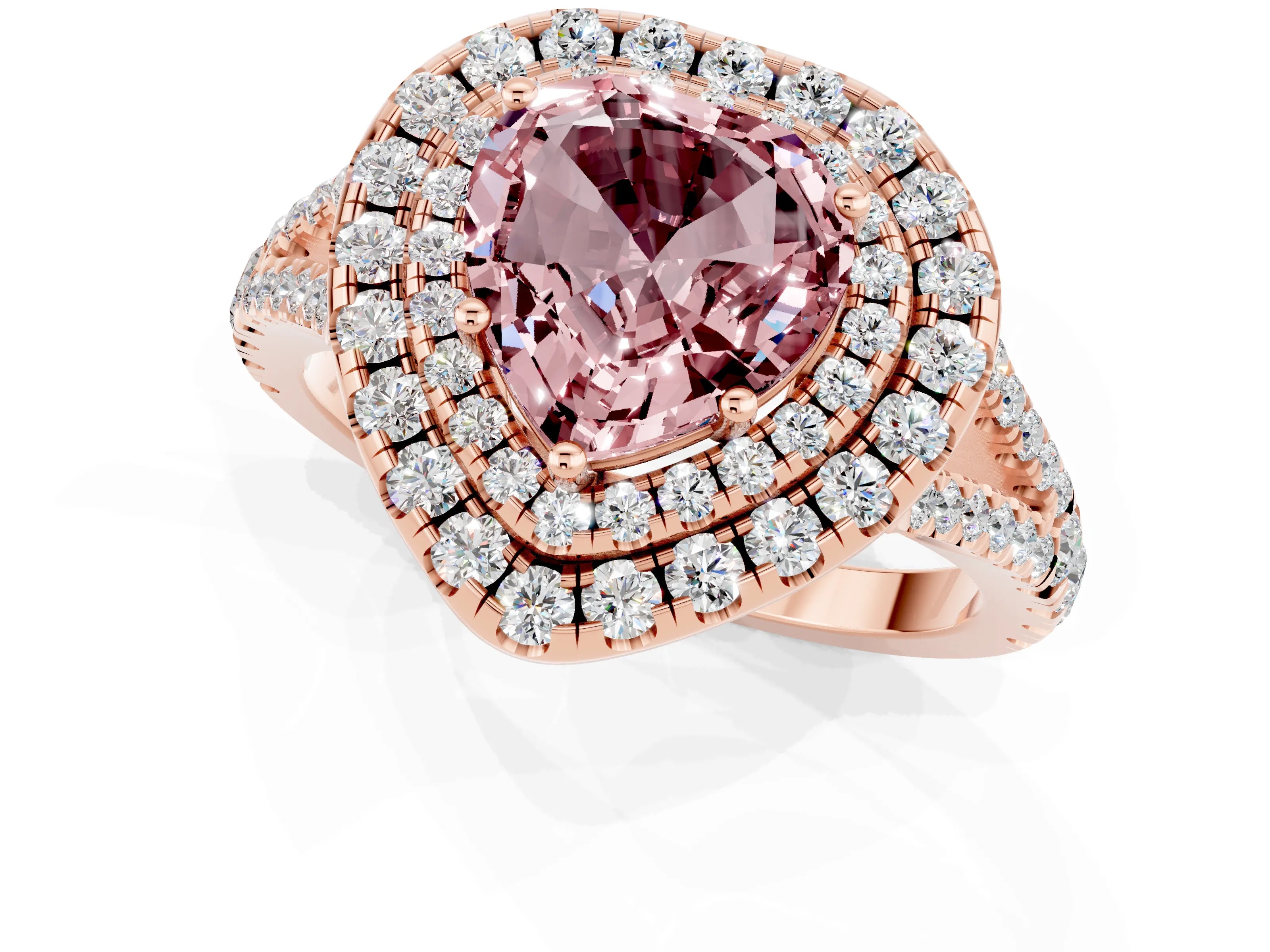 Rose gold Heart Cut Morganite Double Halo Ring with Pavé Band and Prong Setting_13