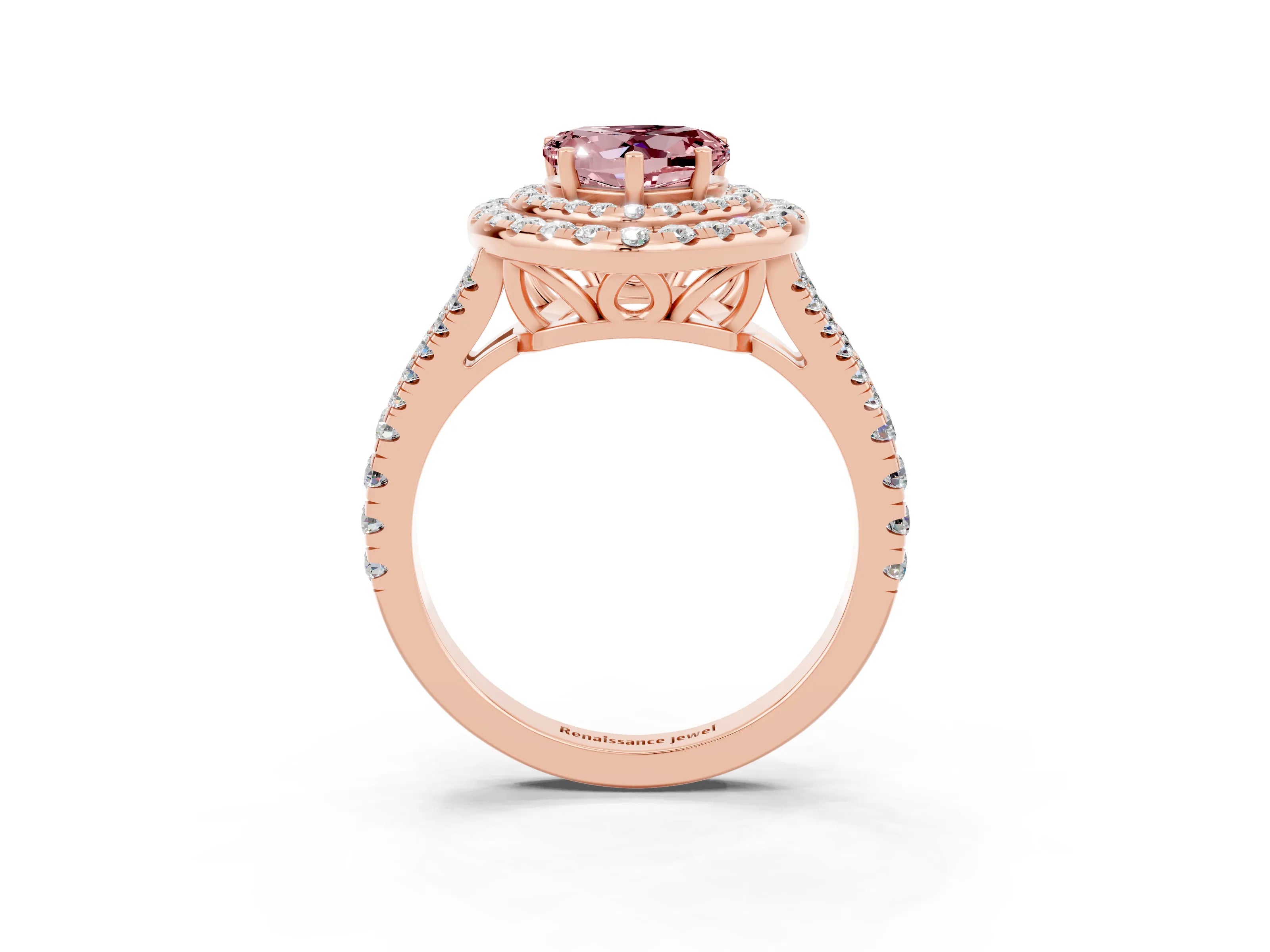 Rose gold Heart Cut Morganite Double Halo Ring with Pavé Band and Prong Setting_15