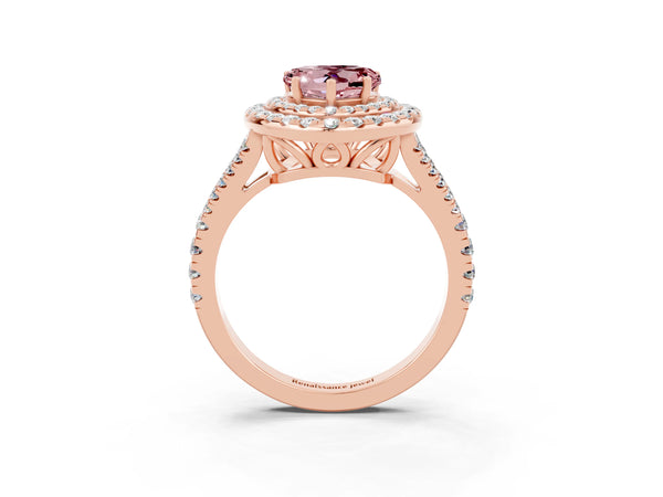 Rose gold Heart Cut Morganite Double Halo Ring with Pavé Band and Prong Setting