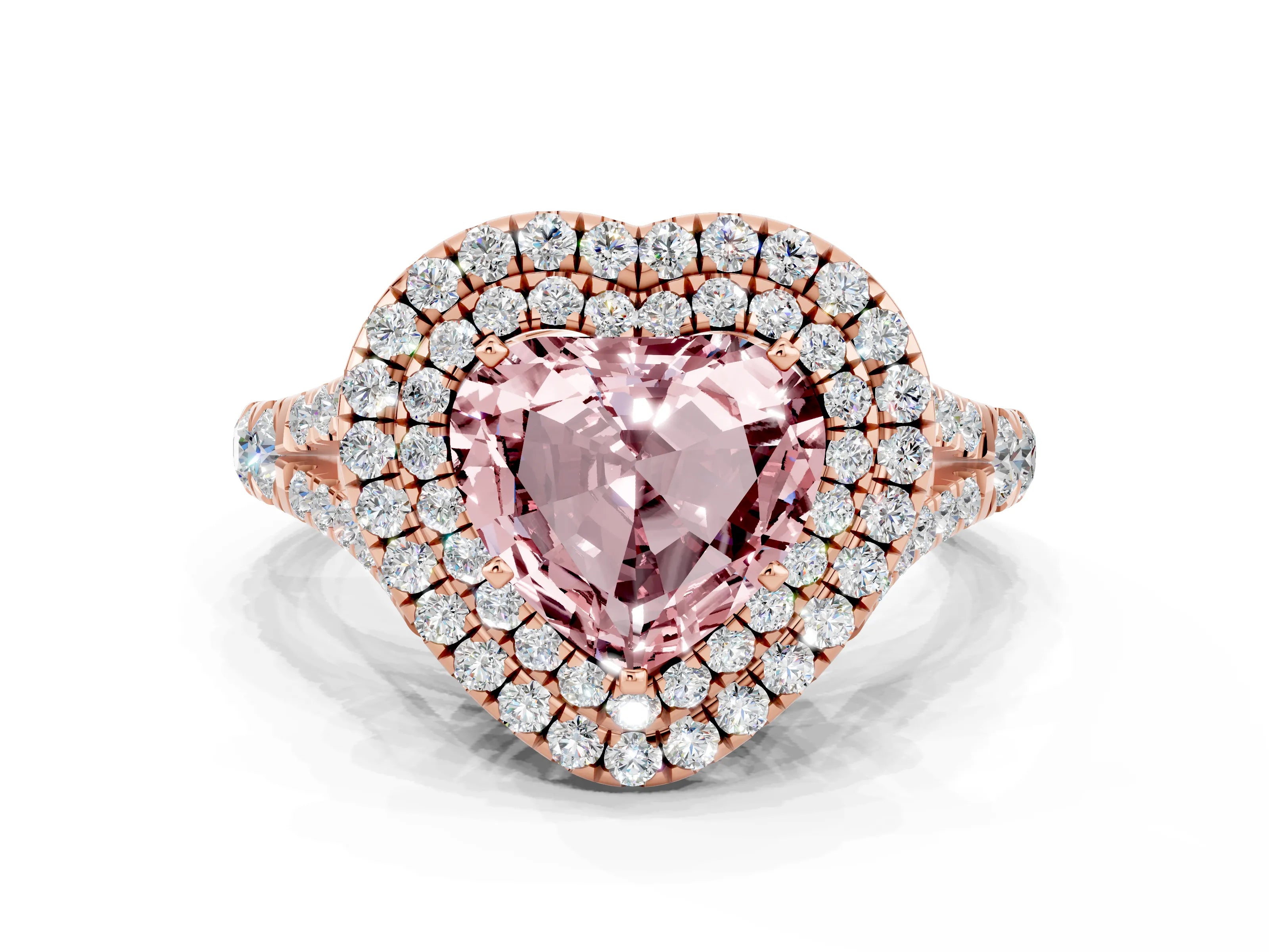 Rose gold Heart Cut Morganite Double Halo Ring with Split Shank and Prong Setting_12
