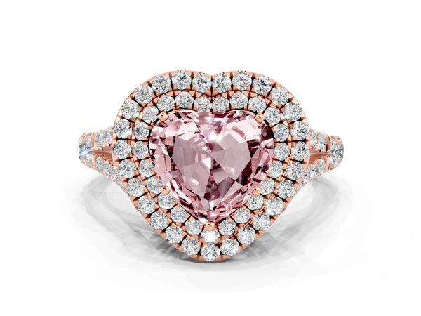 Rose gold Heart Cut Morganite Double Halo Ring with Split Shank and Prong Setting
