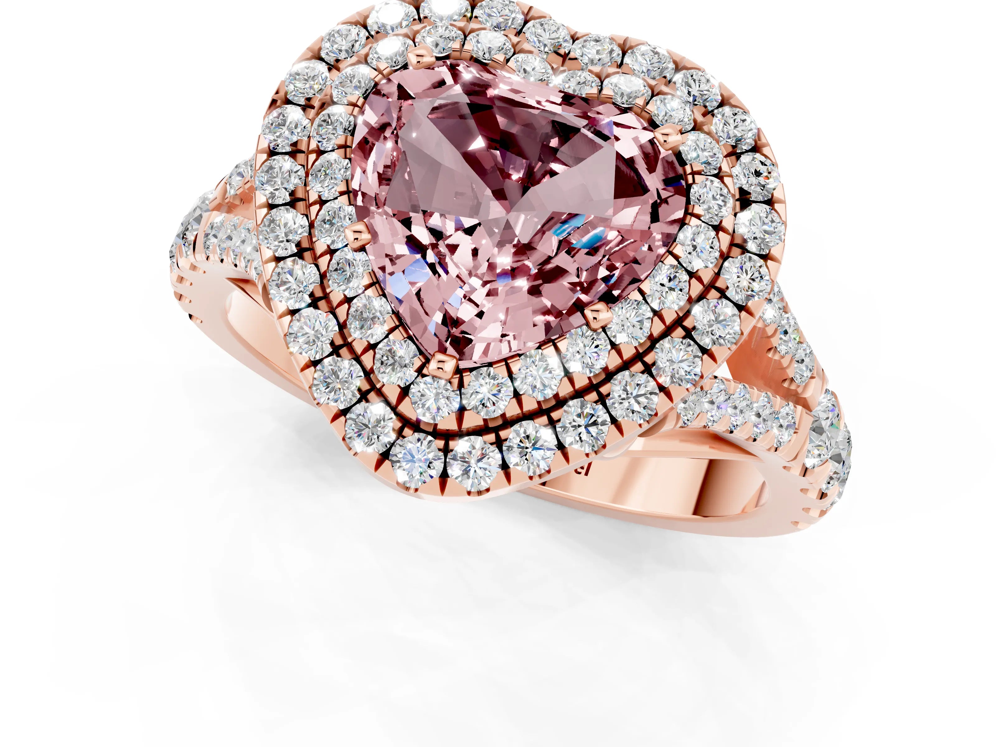 Rose gold Heart Cut Morganite Double Halo Ring with Split Shank and Prong Setting_13