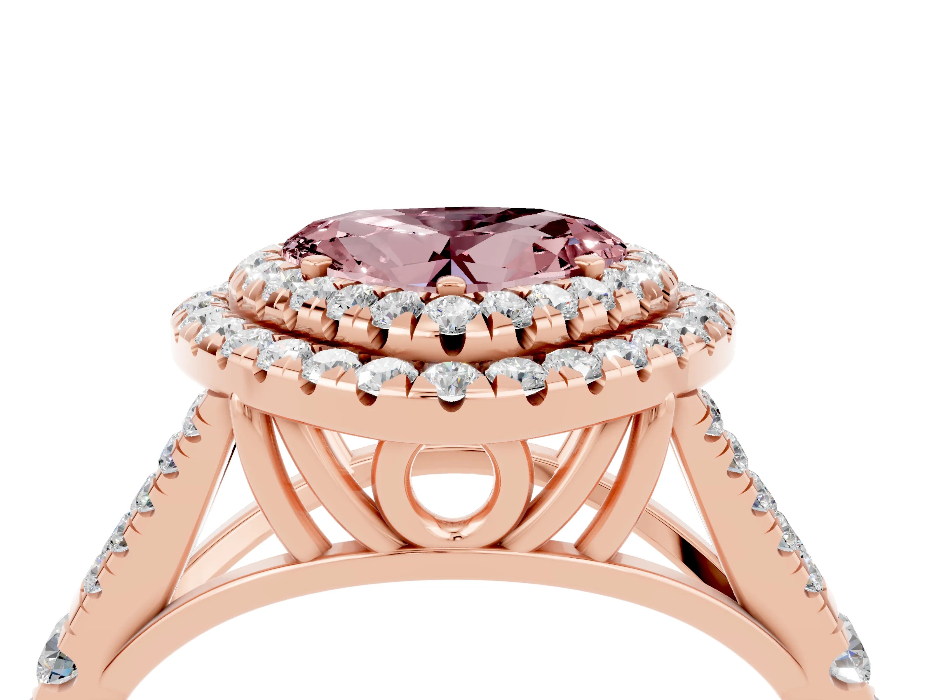 Rose gold Heart Cut Morganite Double Halo Ring with Split Shank and Prong Setting_16