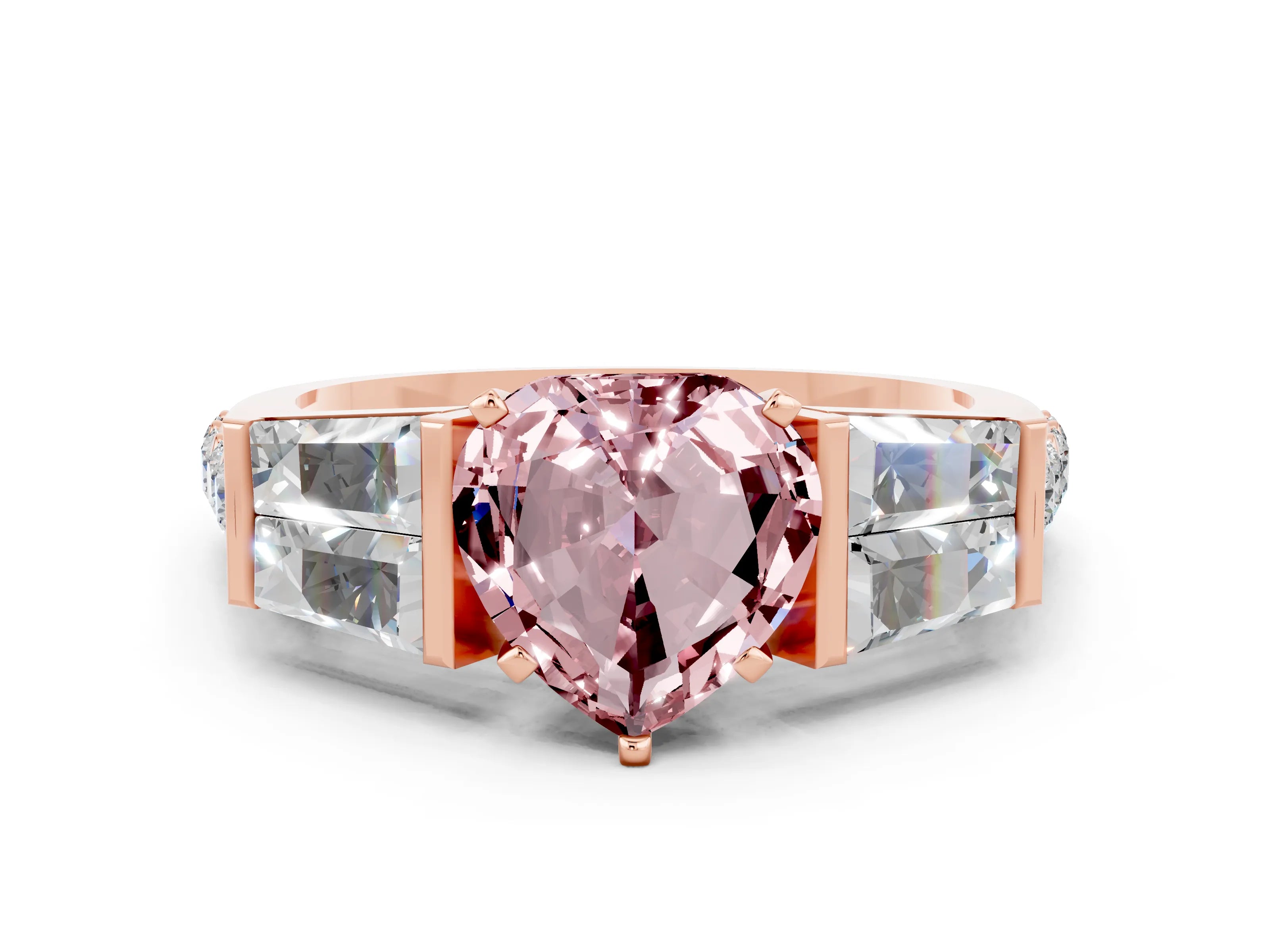 Rose gold Heart Cut Morganite Engagement Ring with Baguette Side Stones and Channel Set Band