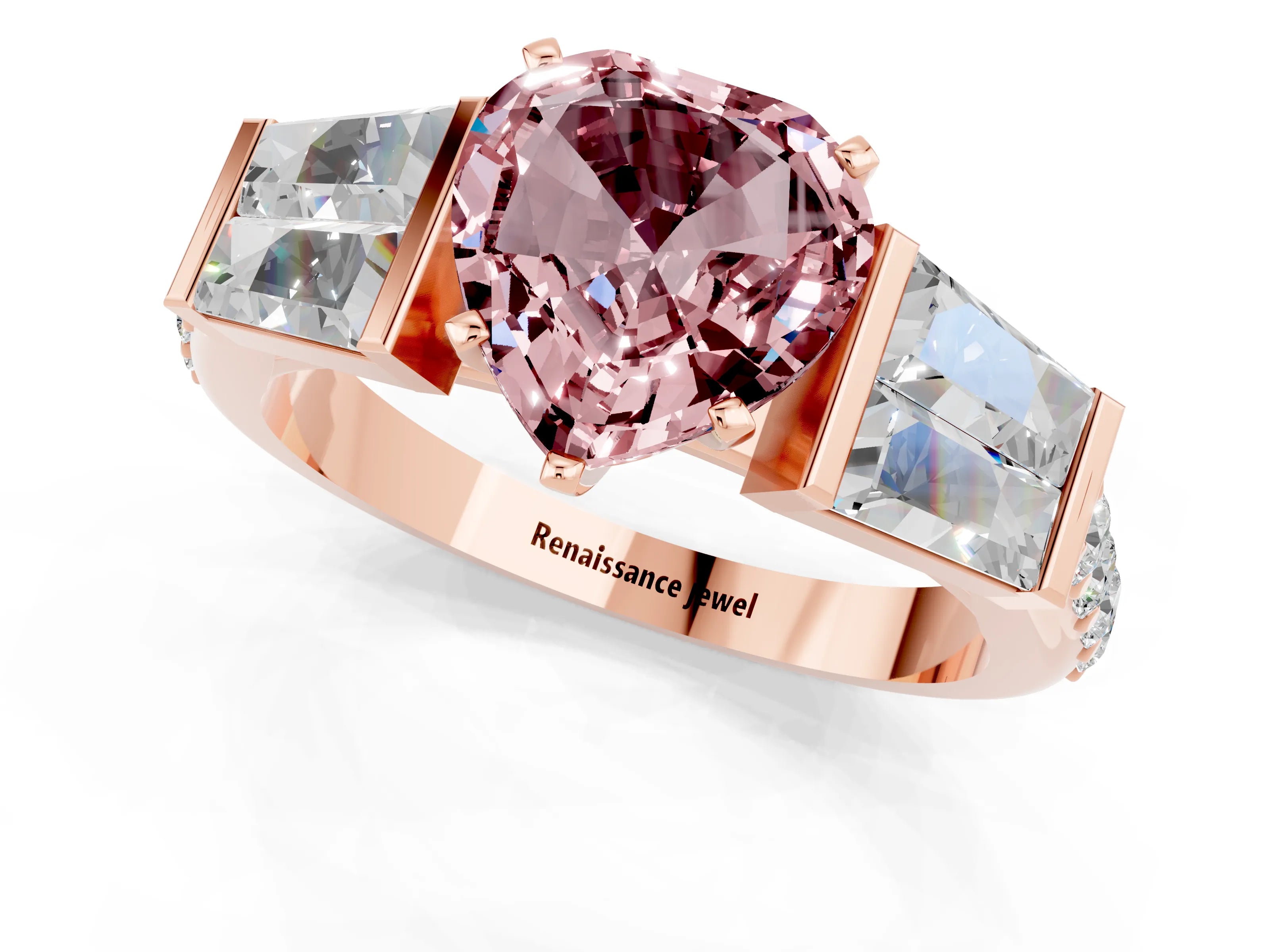 Rose gold Heart Cut Morganite Engagement Ring with Baguette Side Stones and Channel Set Band_1
