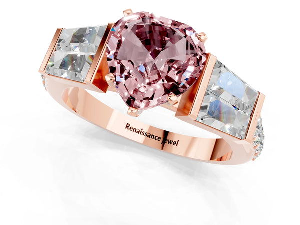 Rose gold Heart Cut Morganite Engagement Ring with Baguette Side Stones and Channel Set Band