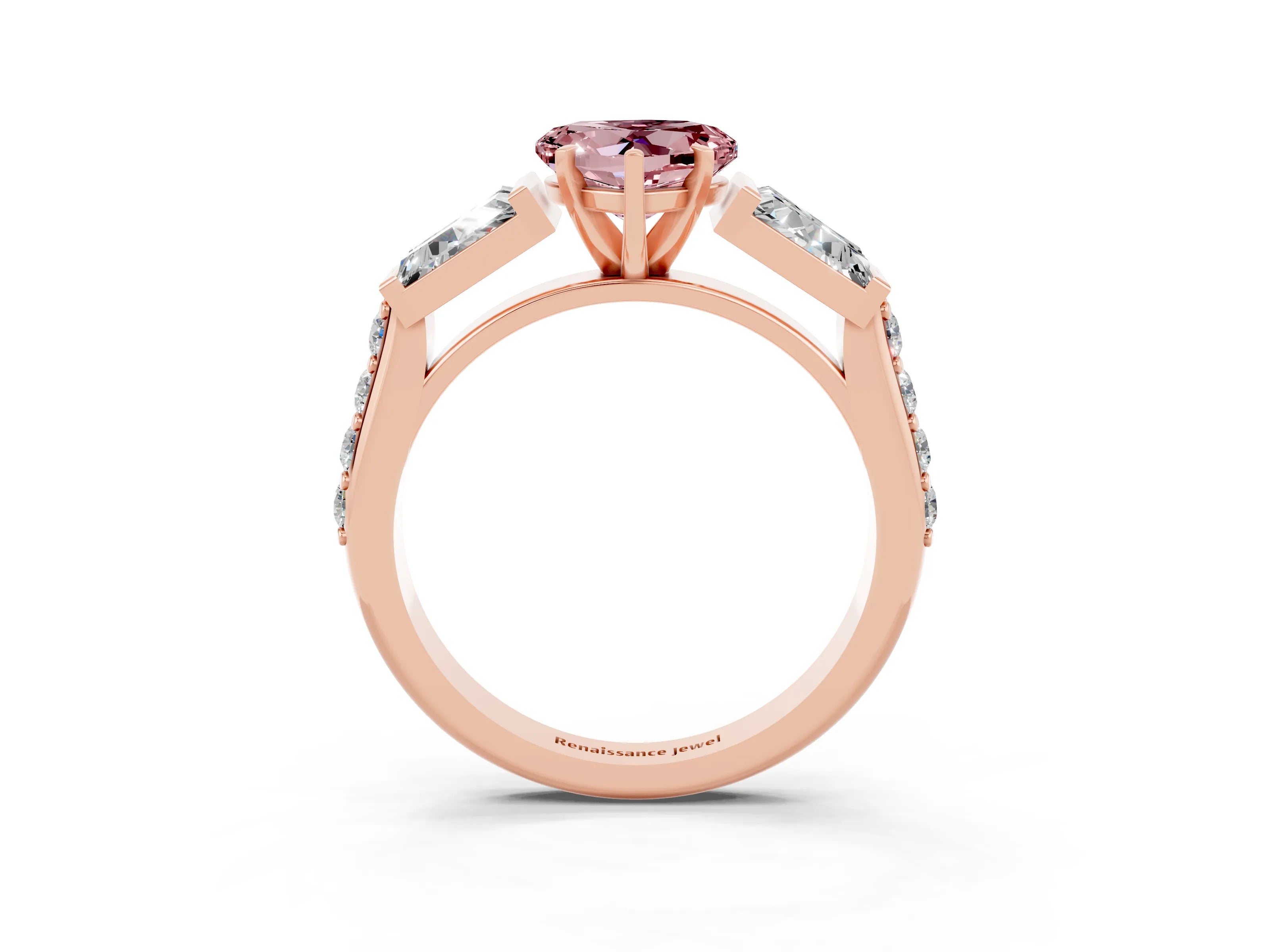 Rose gold Heart Cut Morganite Engagement Ring with Baguette Side Stones and Channel Set Band_3