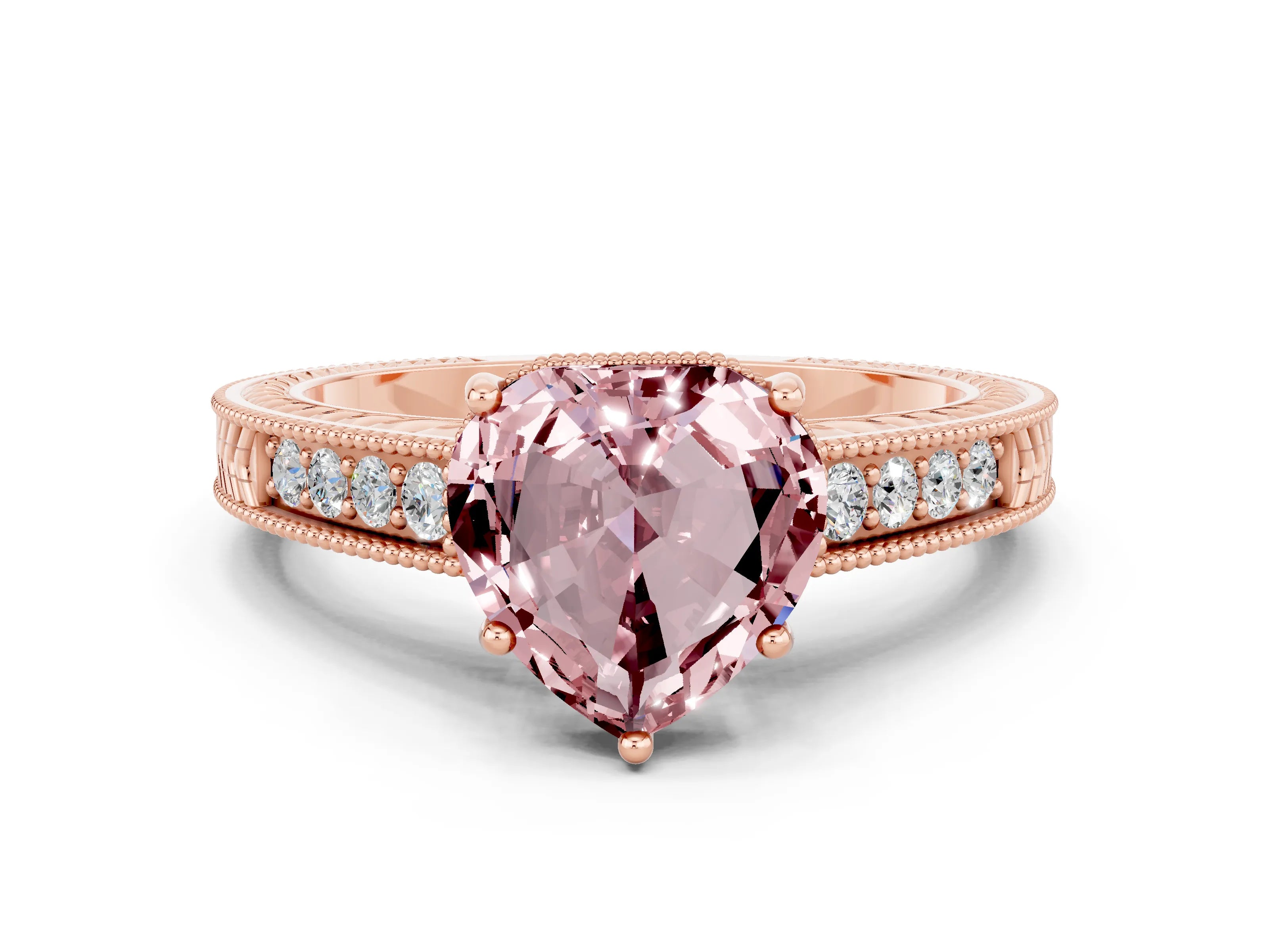 Rose gold Heart Cut Morganite Engagement Ring with Milgrain Channel Set Band and Prong Setting
