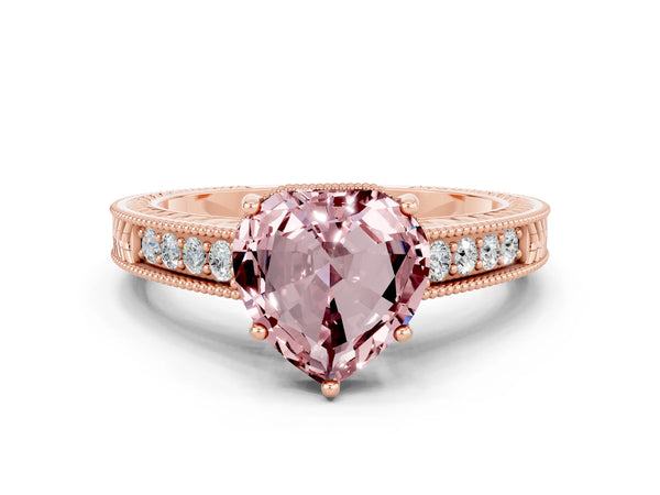 Rose gold Heart Cut Morganite Engagement Ring with Milgrain Channel Set Band and Prong Setting